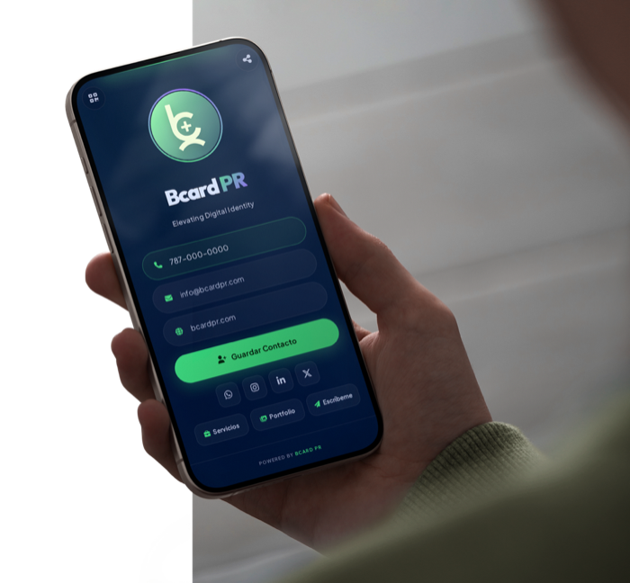 Ejemplo de tarjeta de presentación digital BCard PR en pantalla de smartphone